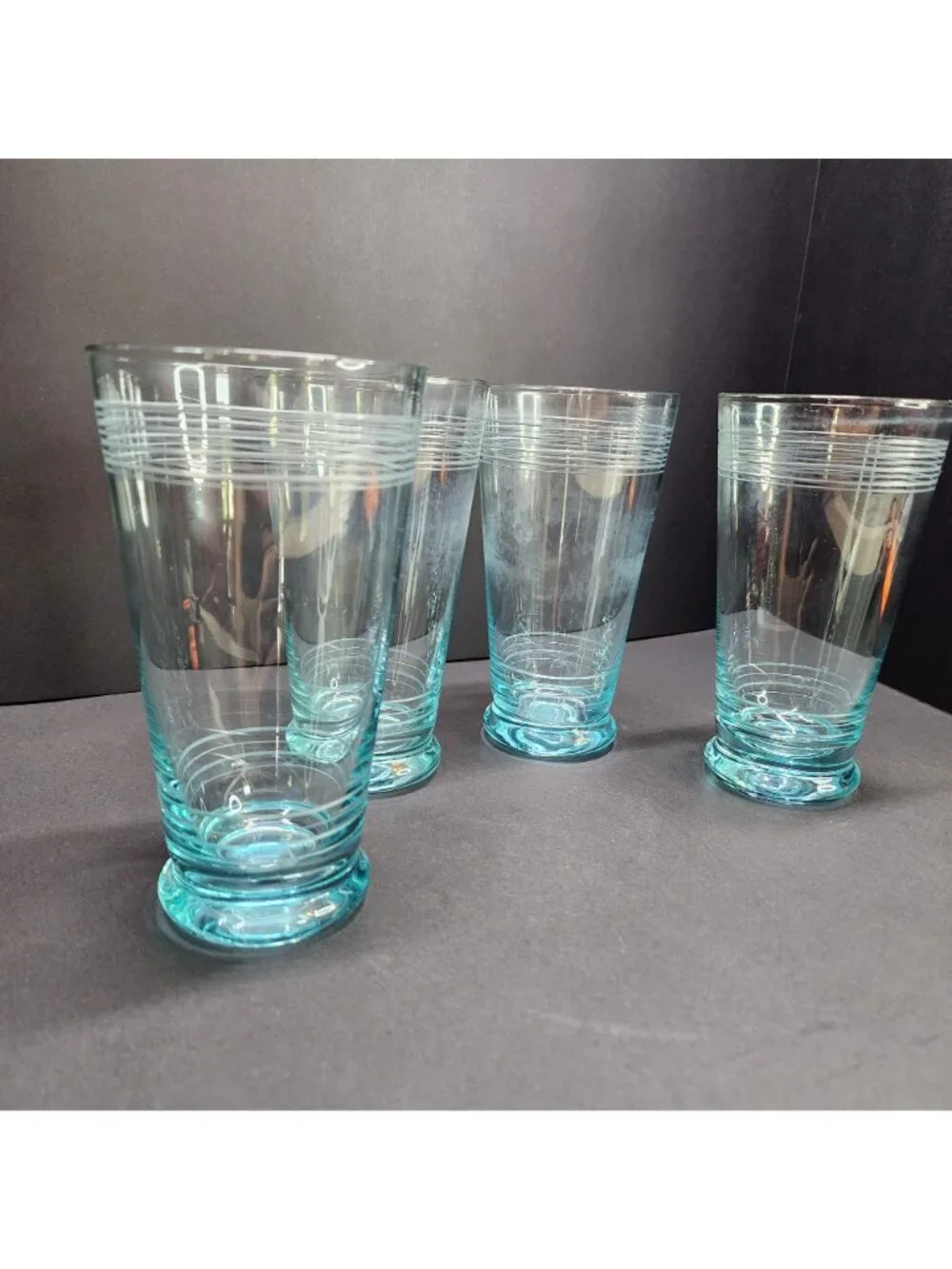 Vintage Icy Blue Etched Banded Glasses Tumbler 7